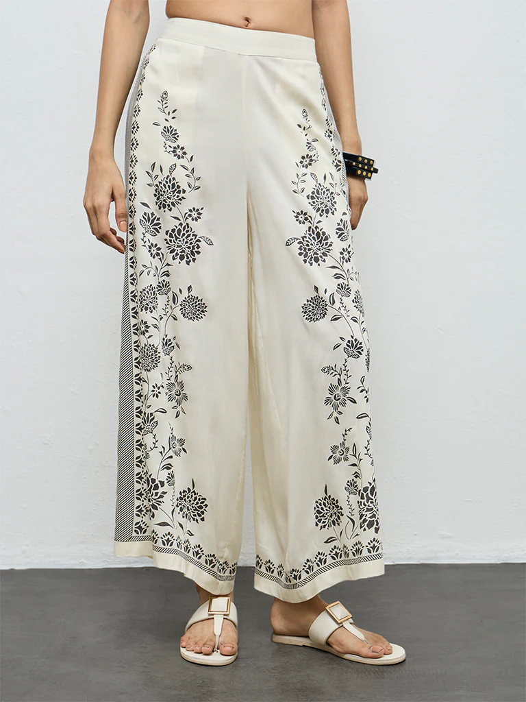 Utsa Off-White Foliage Printed Palazzos