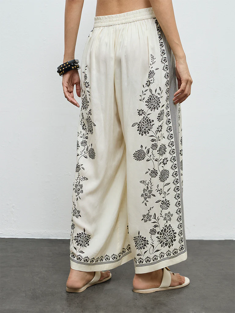 Utsa Off-White Foliage Printed Palazzos - Image 4