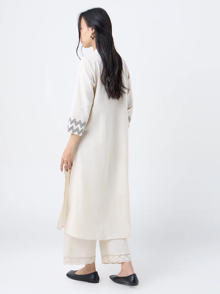 Utsa Off-White Geometric Design Cotton-Blend A-Line Kurta - Image 4