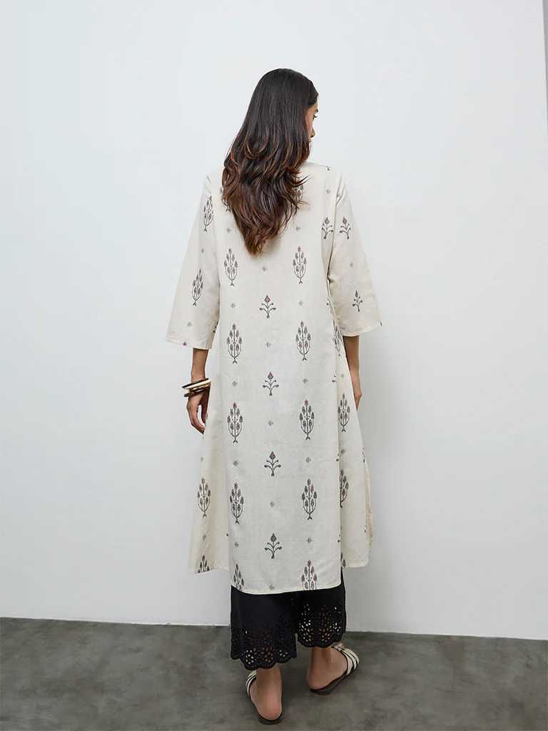 Utsa Off-White Ikat Cotton-Blend A-Line Kurta - Image 4
