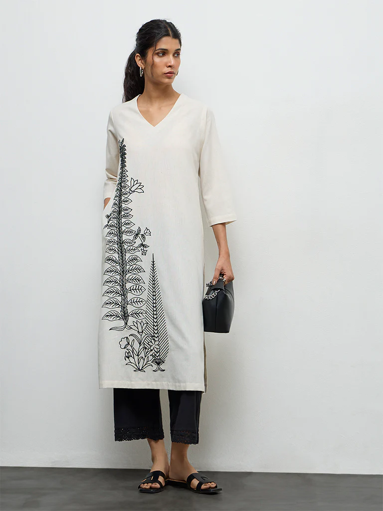 Utsa Off-White Leaf Embroidered Cotton-Blend A-Line Kurta - Image 2