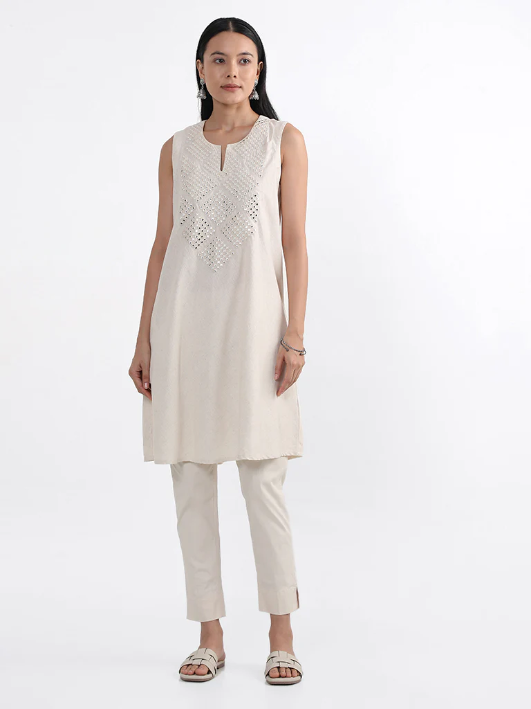 Utsa Off-White Mirror Embroidered Cotton Kurta