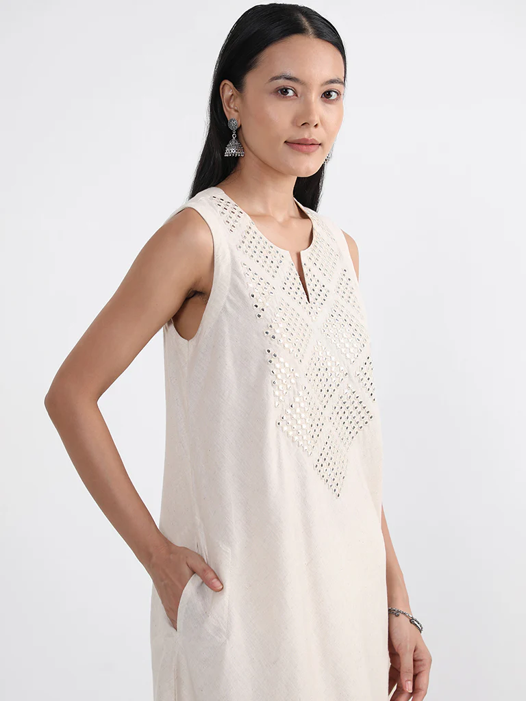 Utsa Off-White Mirror Embroidered Cotton Kurta - Image 2