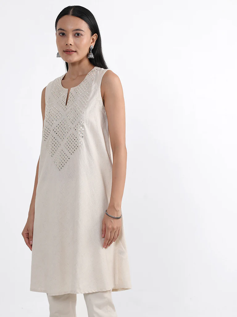 Utsa Off-White Mirror Embroidered Cotton Kurta - Image 3
