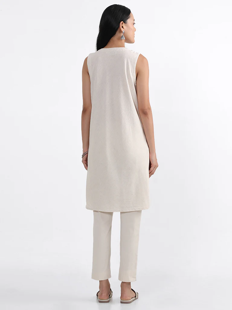 Utsa Off-White Mirror Embroidered Cotton Kurta - Image 4