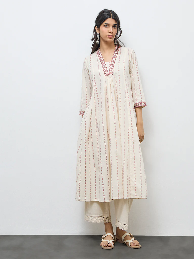 Utsa Off-White Printed Cotton A-Line Kurta