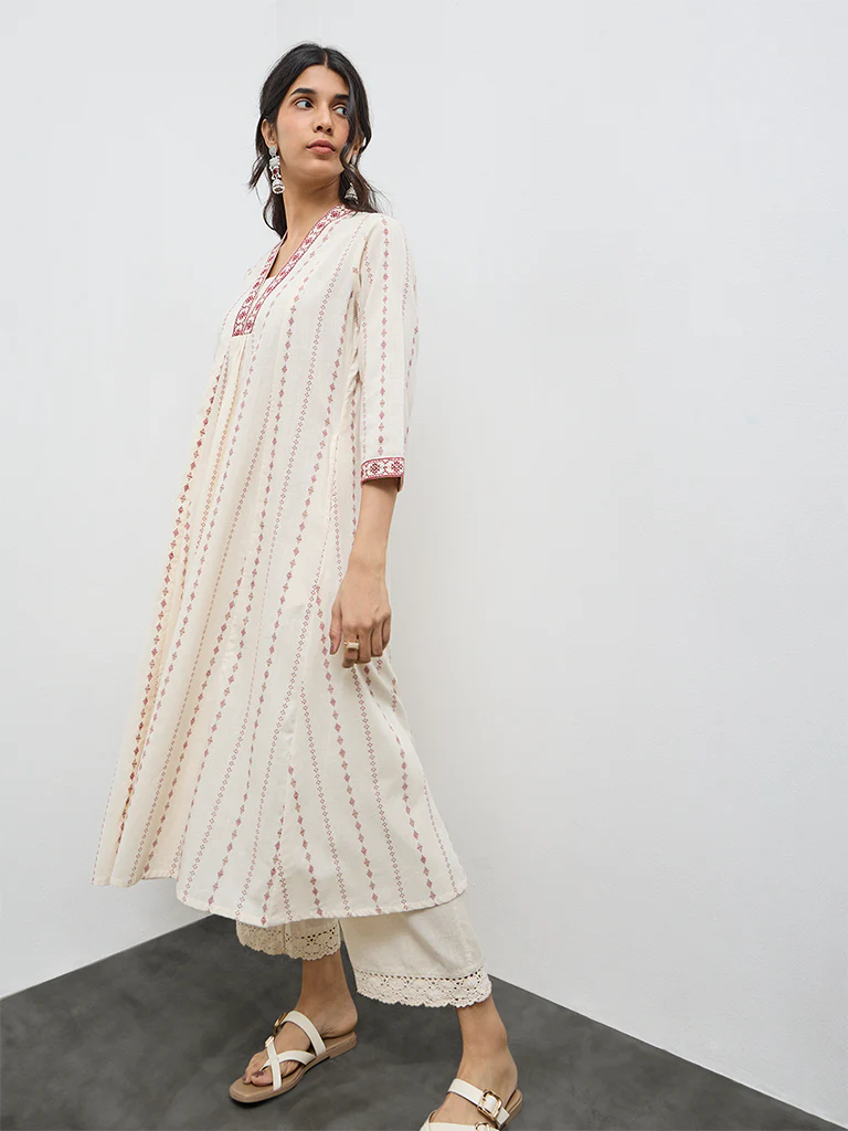 Utsa Off-White Printed Cotton A-Line Kurta - Image 2