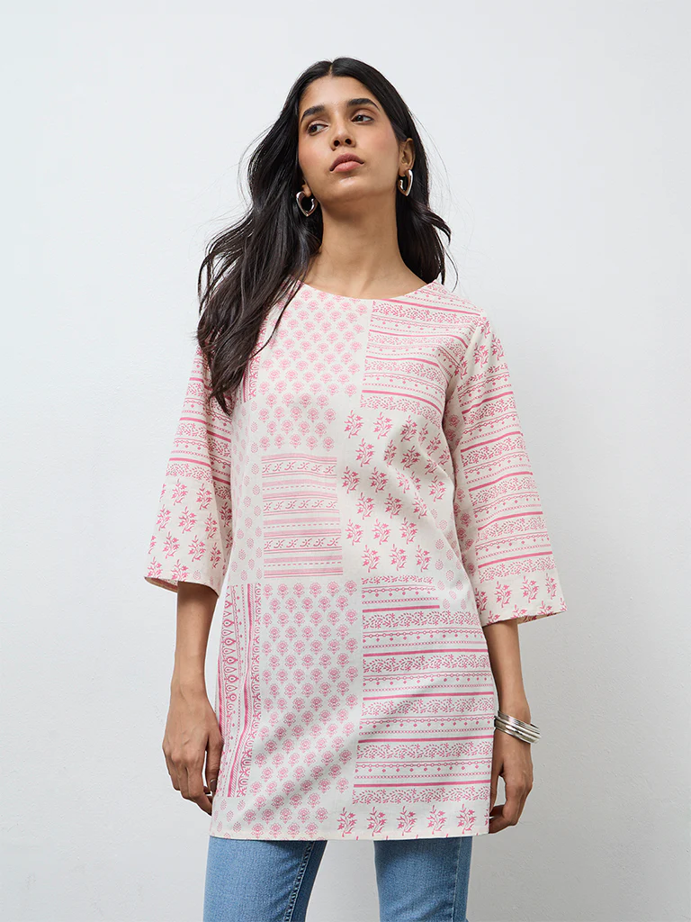 Utsa Off-White Printed Cotton A-Line Kurta