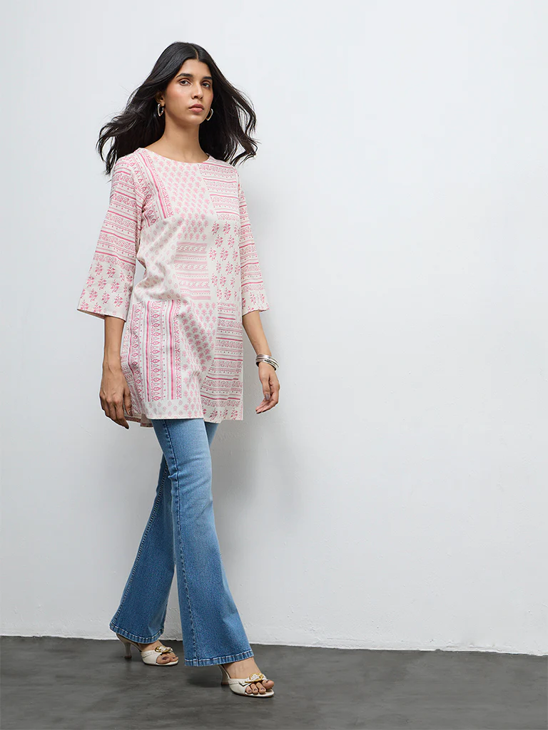 Utsa Off-White Printed Cotton A-Line Kurta - Image 2