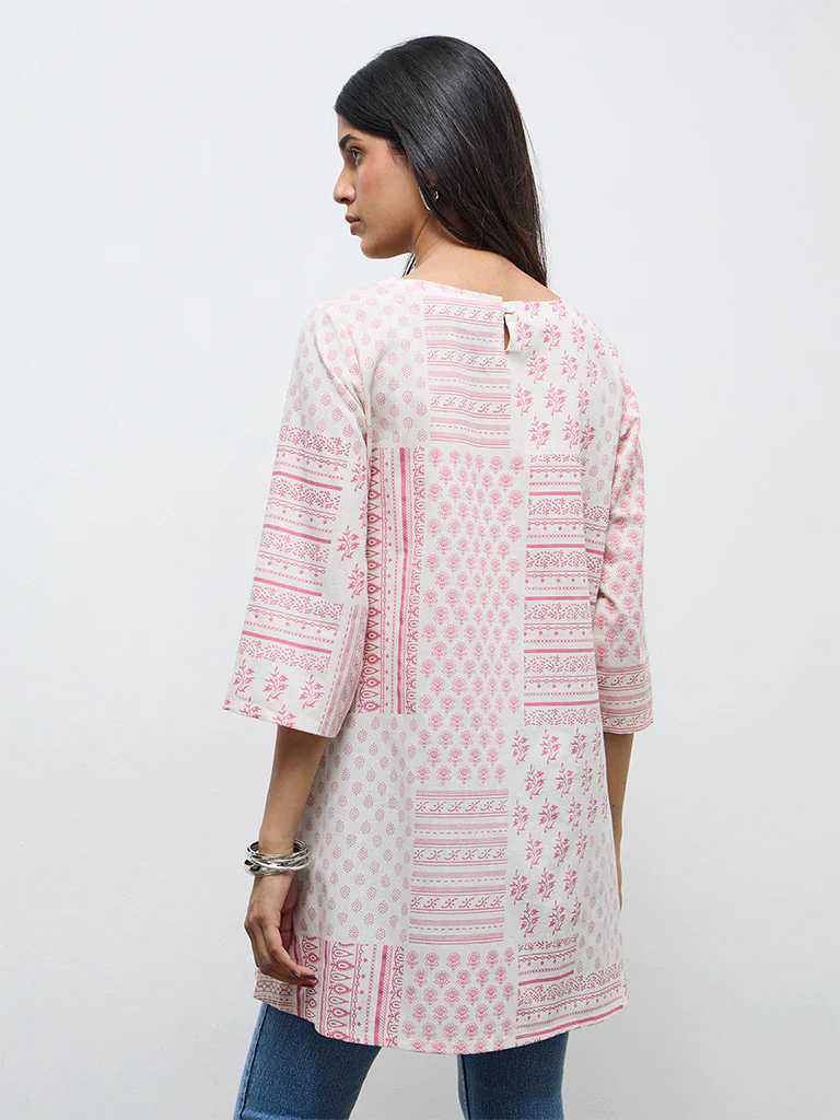 Utsa Off-White Printed Cotton A-Line Kurta - Image 4