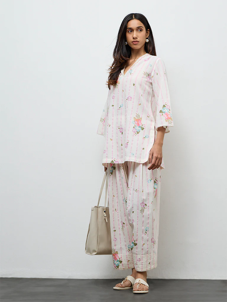 Utsa Off-White Printed Cotton-Blend Pants - Image 2