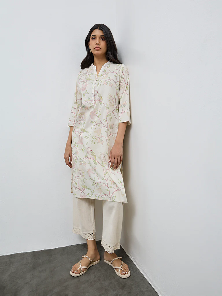 Utsa Off-White Printed Cotton Straight Kurta
