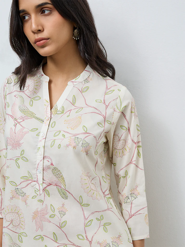 Utsa Off-White Printed Cotton Straight Kurta - Image 3