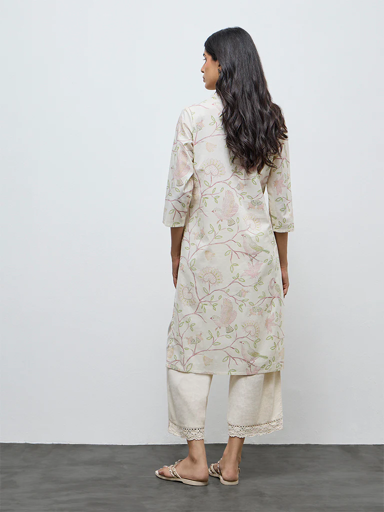 Utsa Off-White Printed Cotton Straight Kurta - Image 4