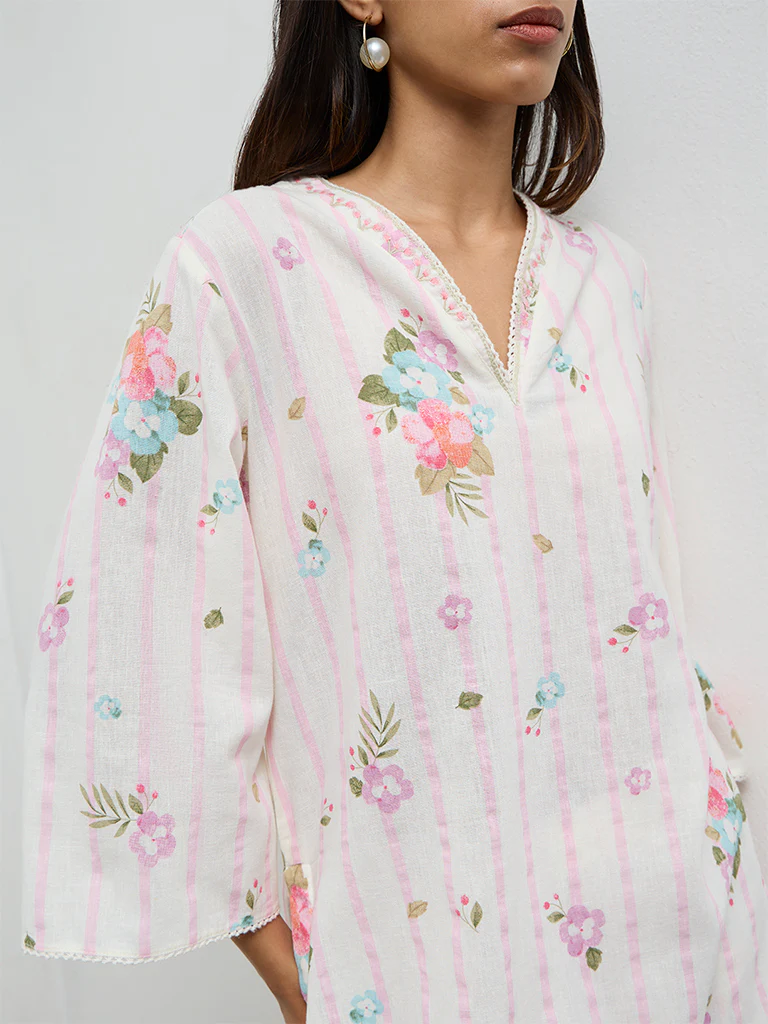 Utsa Off-White Printed Straight Cotton-Blend Kurti - Image 3