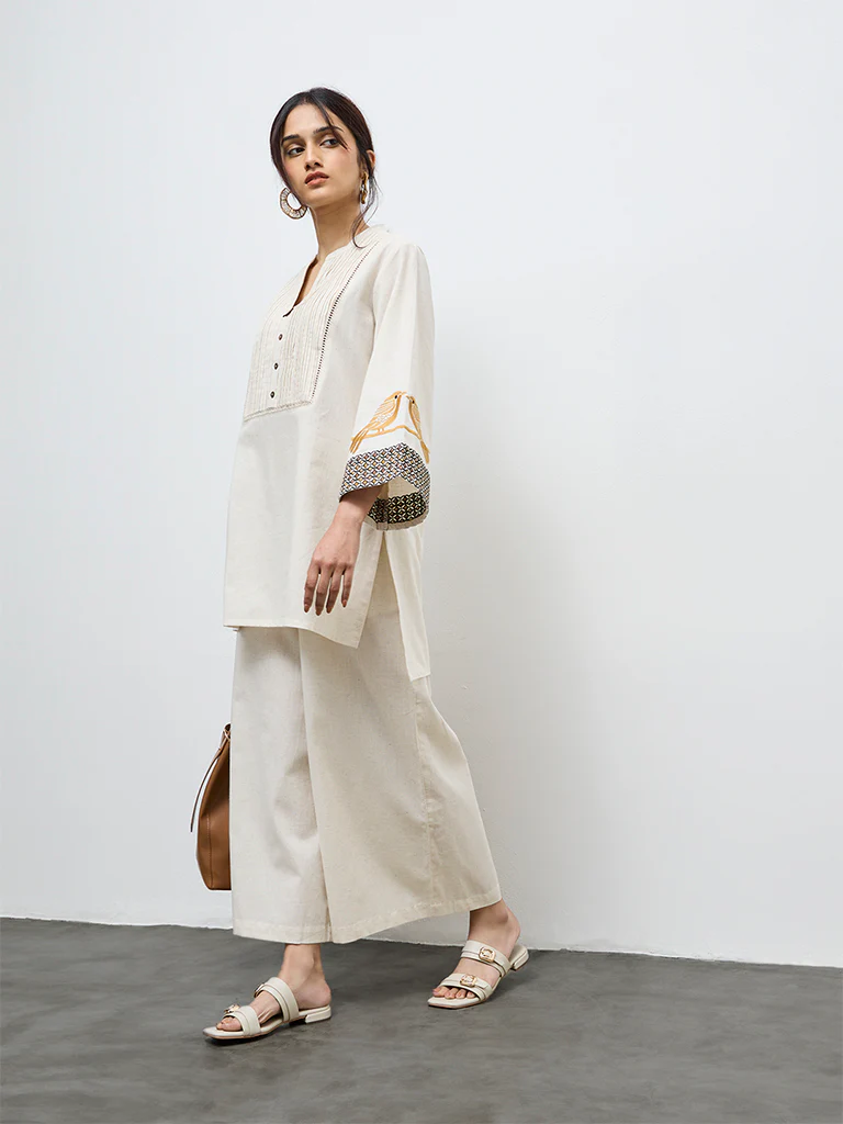 Utsa Off-White Solid Cotton-Blend Palazzos - Image 2