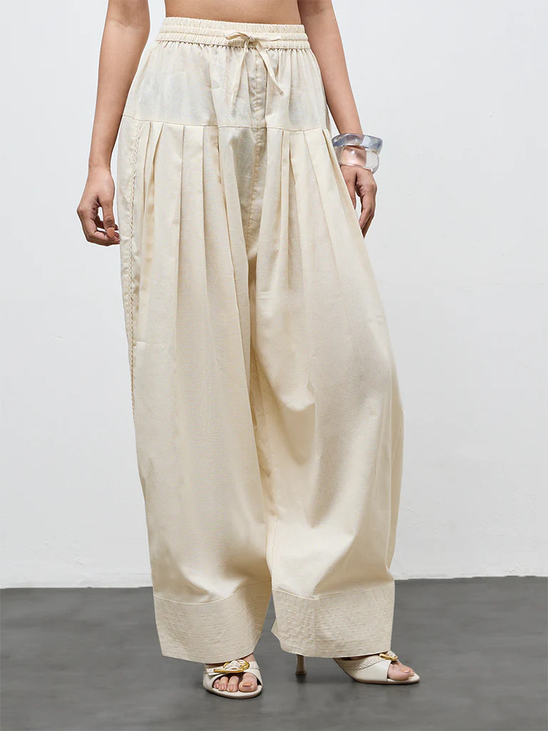 Utsa Off-White Solid Cotton Farshi Pants