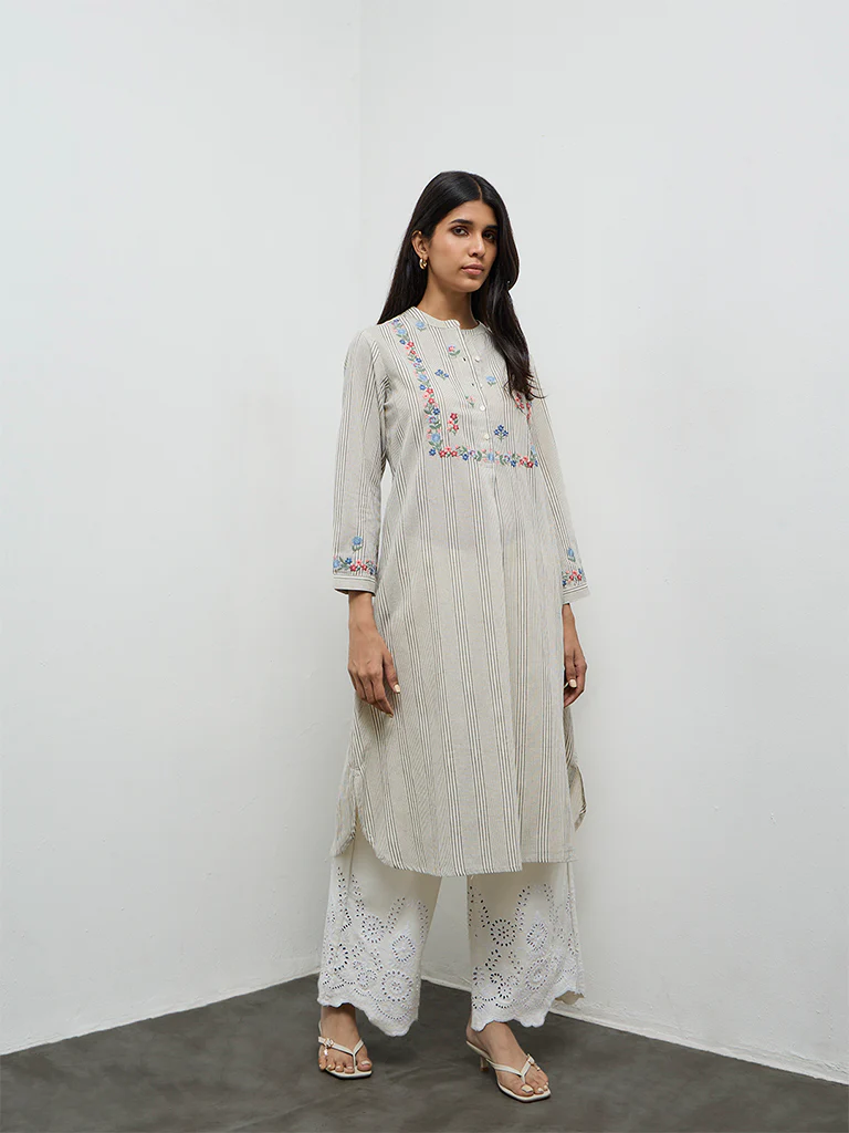 Utsa Off-White Striped Cotton-Blend A-Line Kurta - Image 2