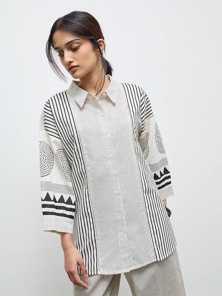 Utsa Off-White Striped Cotton Tunic