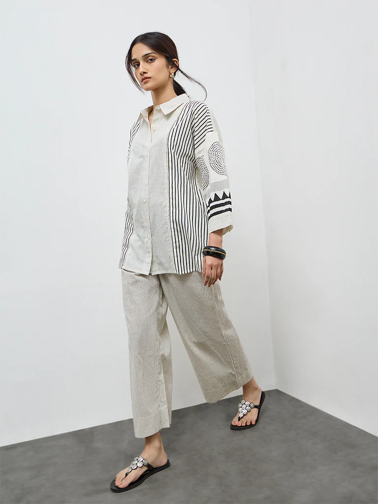 Utsa Off-White Striped Cotton Tunic - Image 2