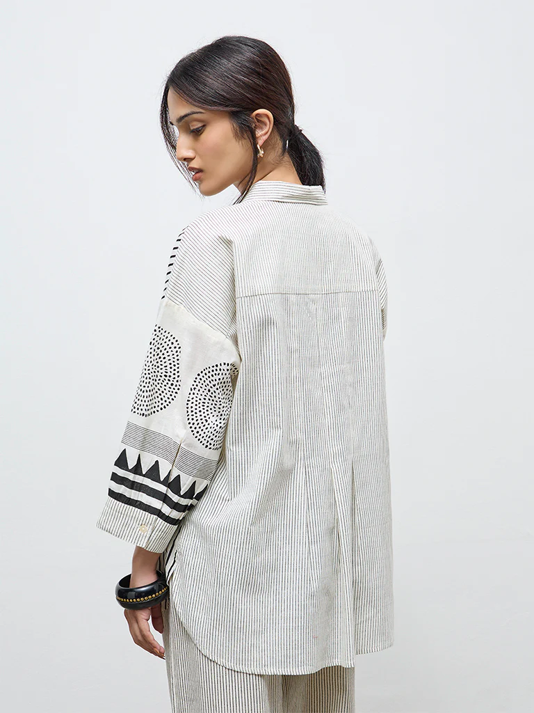 Utsa Off-White Striped Cotton Tunic - Image 4