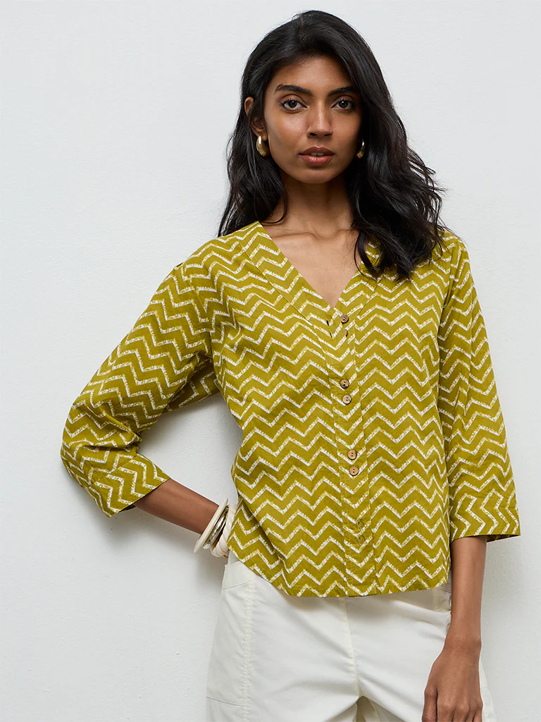 Utsa Olive Chevron Printed Cotton Tunic