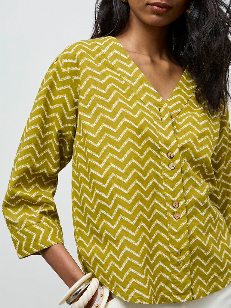 Utsa Olive Chevron Printed Cotton Tunic - Image 3