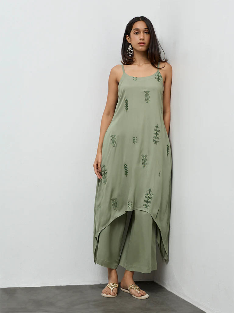 Utsa Olive Embroidered A-Line Kurta - Image 2
