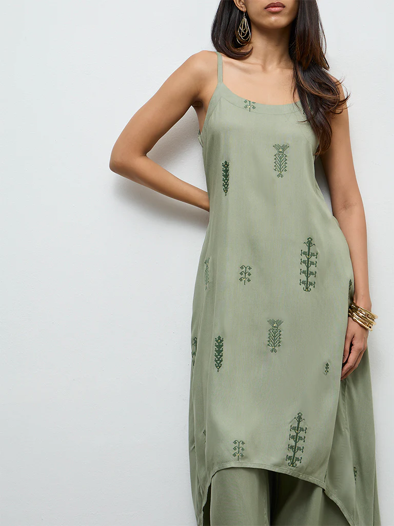 Utsa Olive Embroidered A-Line Kurta - Image 3
