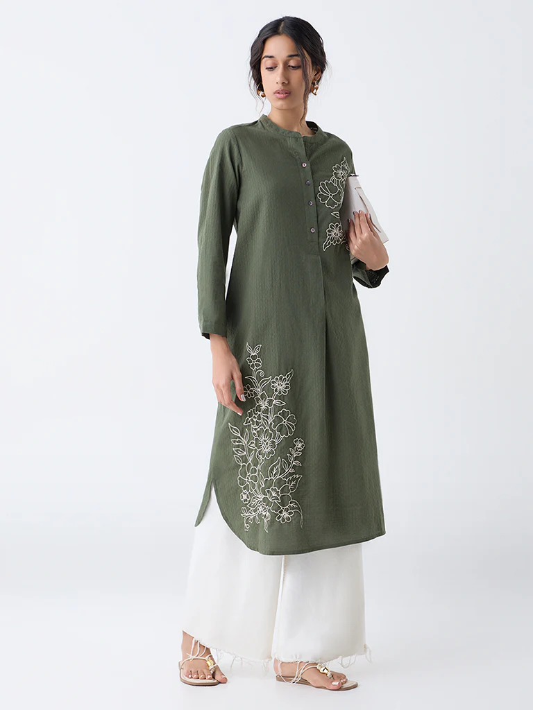 Utsa Olive Floral Embroidered A-Line Kurta - Image 2