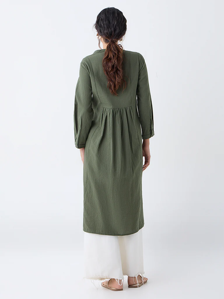 Utsa Olive Floral Embroidered A-Line Kurta - Image 4