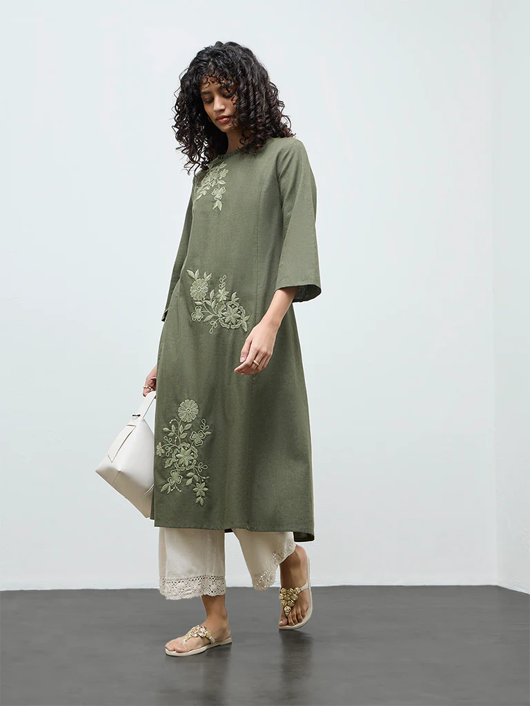 Utsa Olive Floral Embroidered Cotton A-Line Kurta