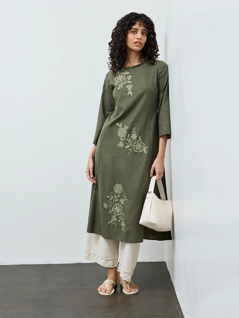 Utsa Olive Floral Embroidered Cotton A-Line Kurta - Image 2