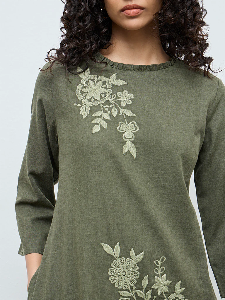 Utsa Olive Floral Embroidered Cotton A-Line Kurta - Image 3