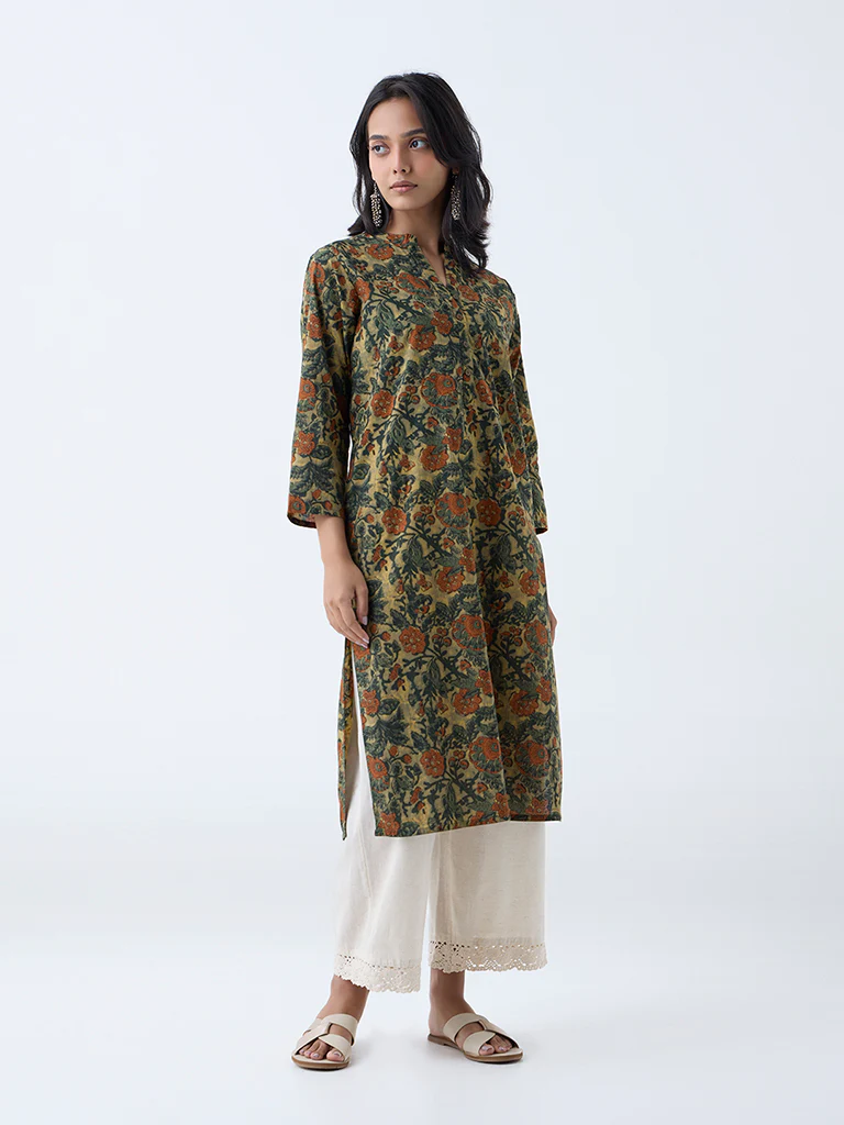 Utsa Olive Foliage Printed Straight Cotton Kurta - Image 2