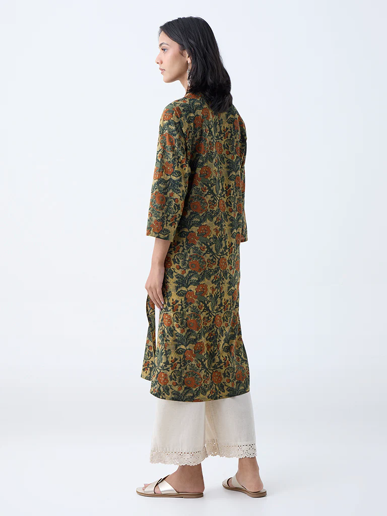 Utsa Olive Foliage Printed Straight Cotton Kurta - Image 4