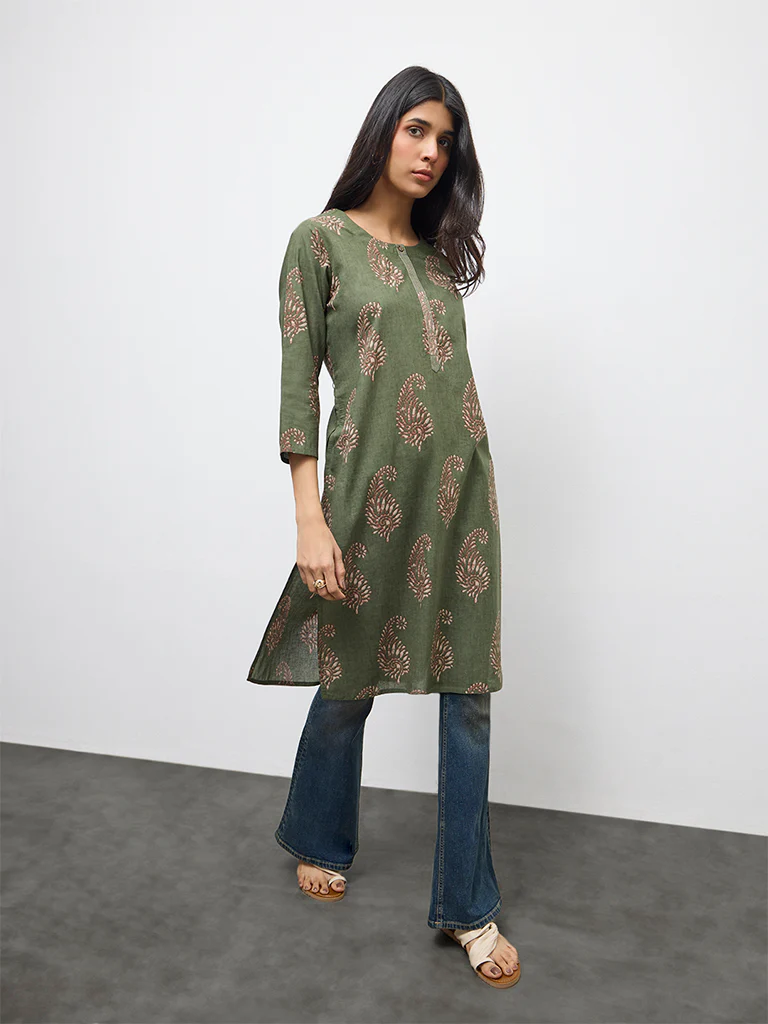 Utsa Olive Paisley Printed Cotton Straight Kurta