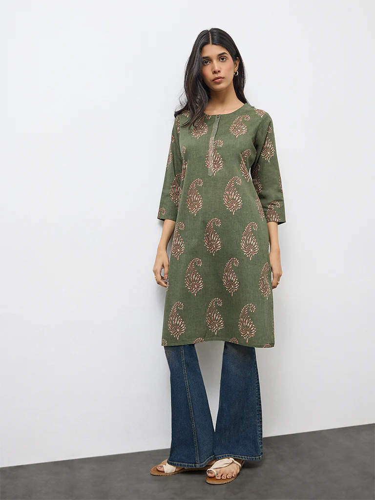 Utsa Olive Paisley Printed Cotton Straight Kurta - Image 2