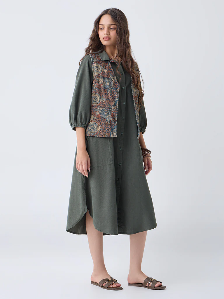 Utsa Olive Printed Reversible Cotton Jacket - Image 2