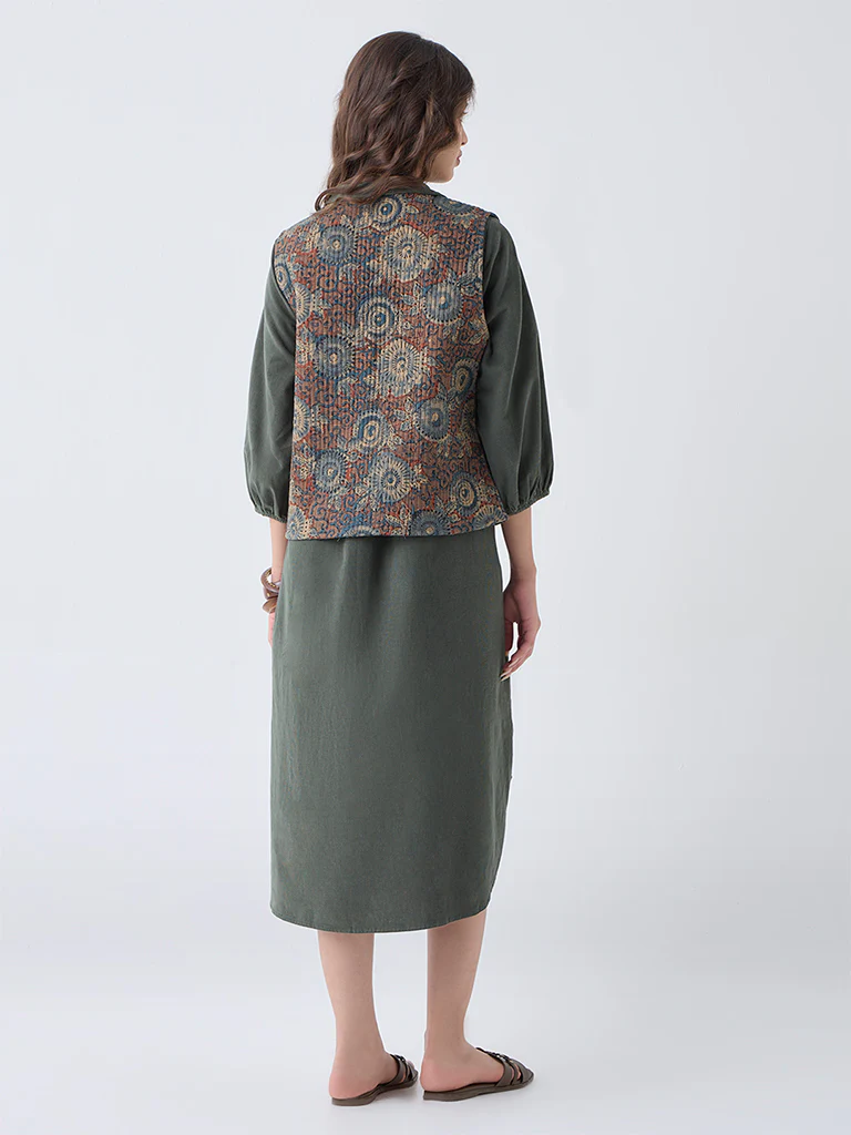 Utsa Olive Printed Reversible Cotton Jacket - Image 4