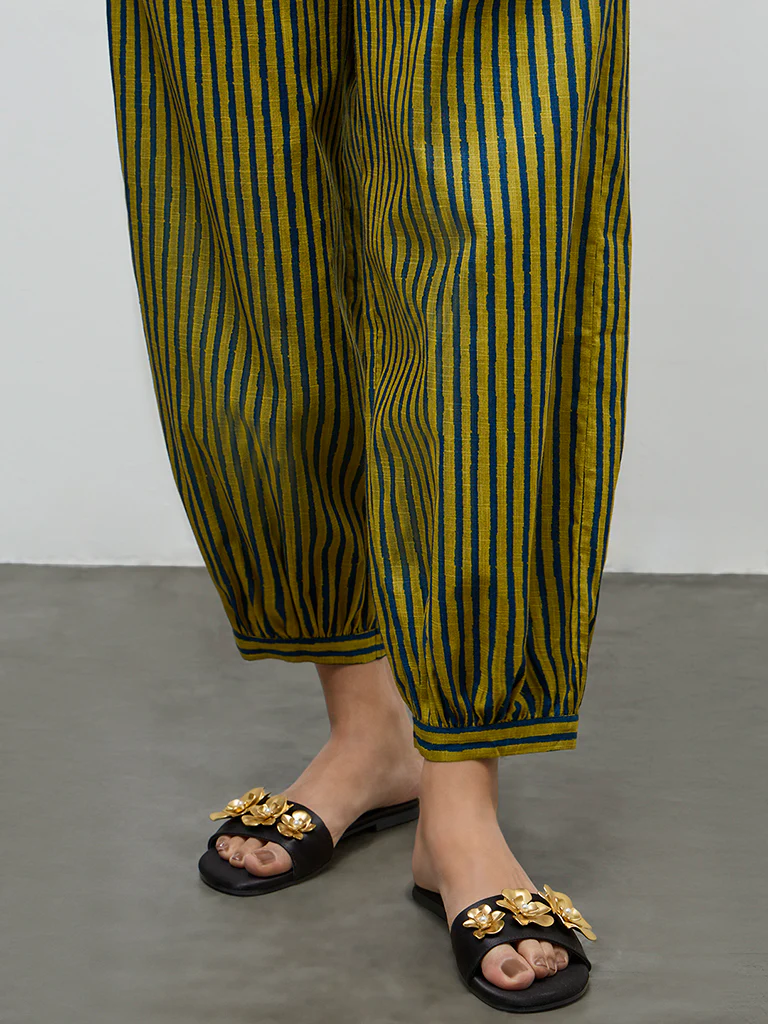Utsa Olive Striped Cotton Harem Pants - Image 2