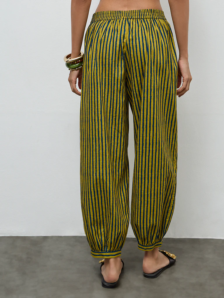 Utsa Olive Striped Cotton Harem Pants - Image 3