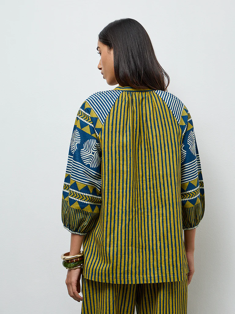 Utsa Olive Striped Cotton Tunic - Image 4
