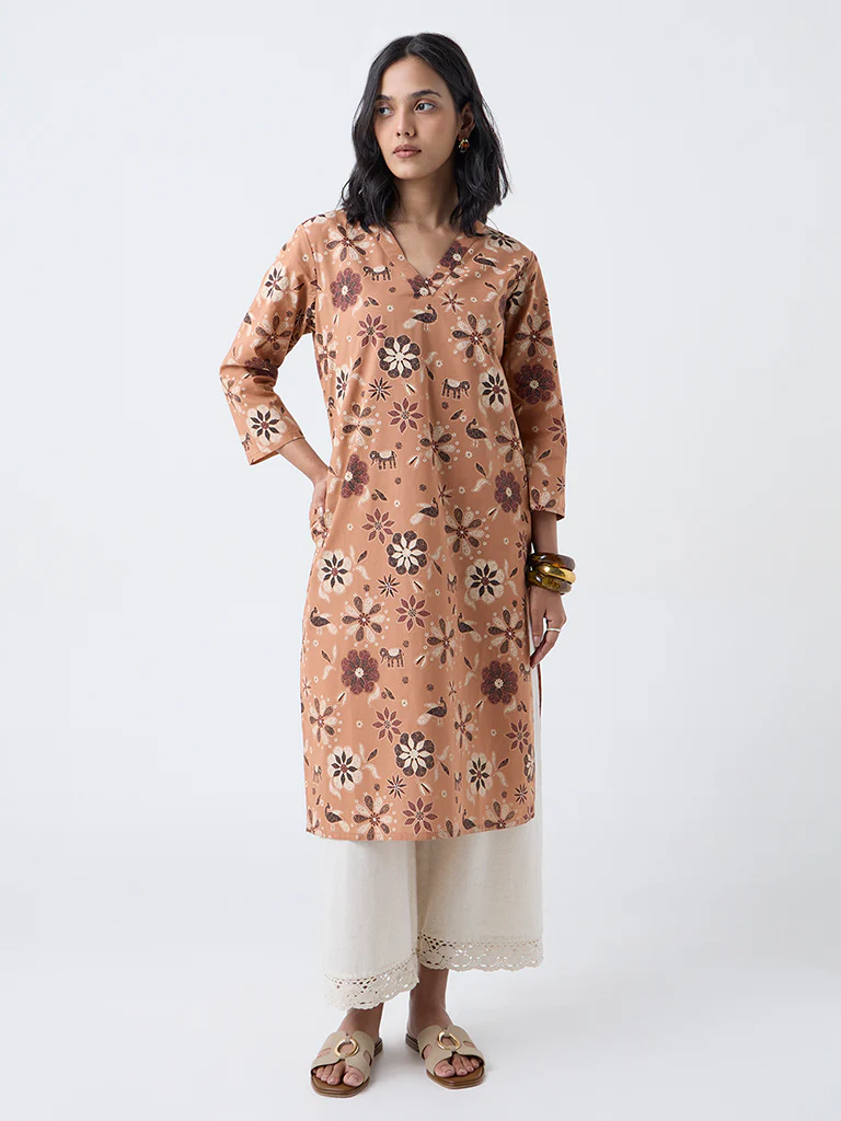 Utsa Peach Floral Pattern Straight Cotton Kurta