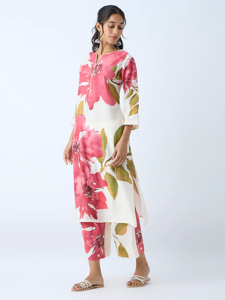 Utsa Pink Botanical Design A-Line Kurta - Image 2