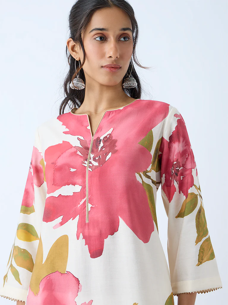 Utsa Pink Botanical Design A-Line Kurta - Image 3