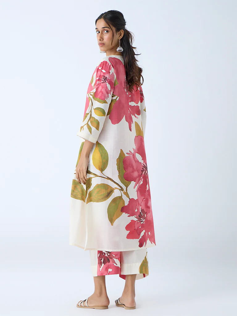 Utsa Pink Botanical Design A-Line Kurta - Image 4