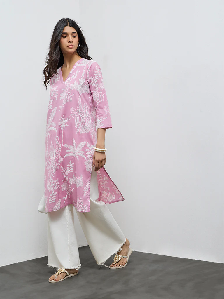 Utsa Pink Botanical Printed Cotton Straight Kurta - Image 2