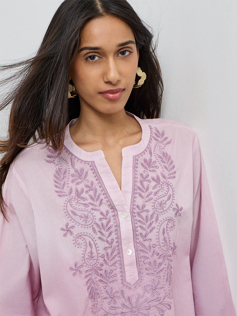 Utsa Pink Embroidered Cotton Tunic - Image 3