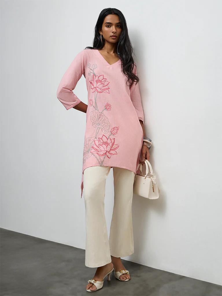 Utsa Pink Floral Cotton Kurta - Image 2